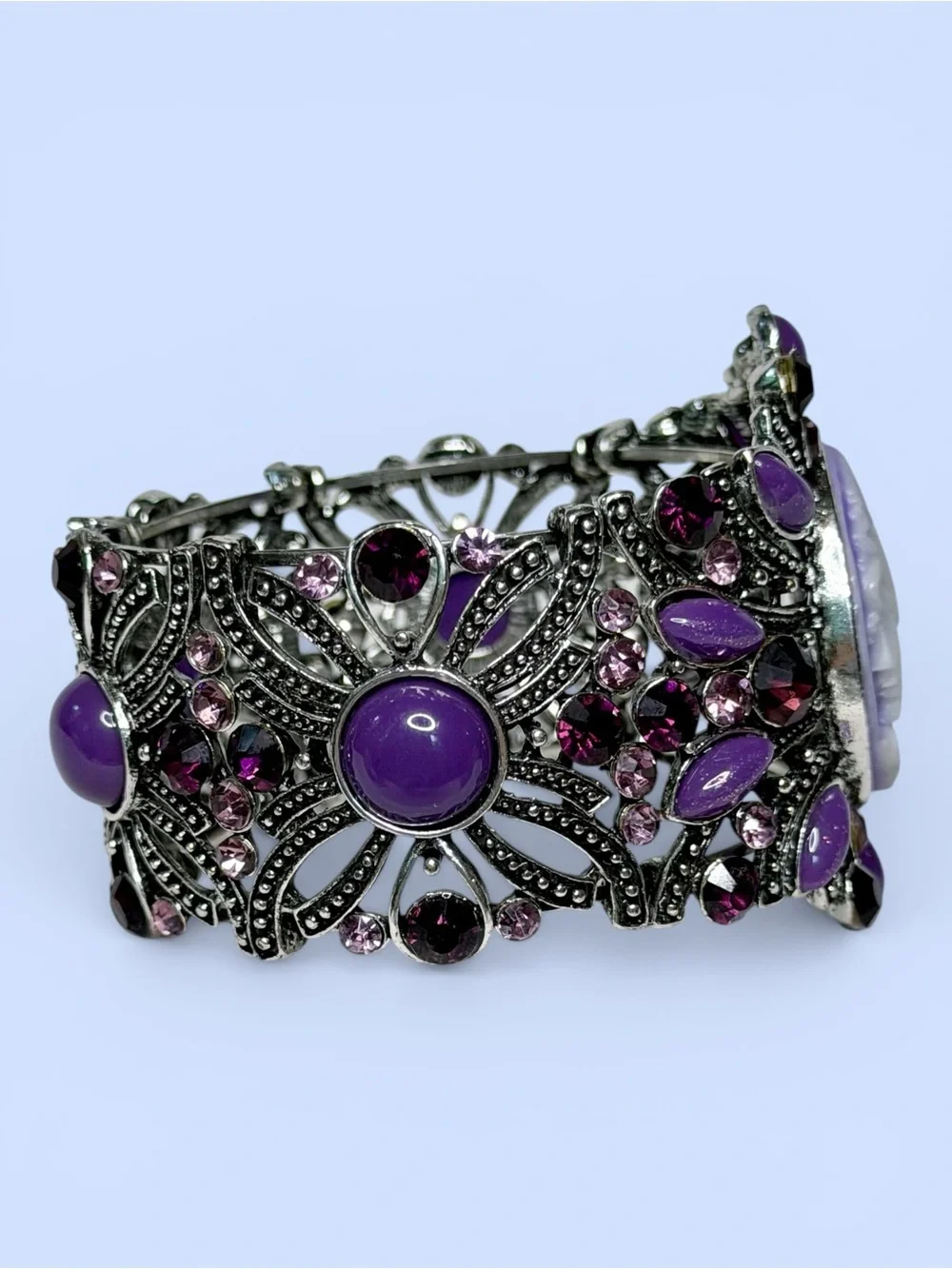 Victorian Revival Purple Cameo‎ Cuff Bracelet Silver Tone Filigree Rhinestones